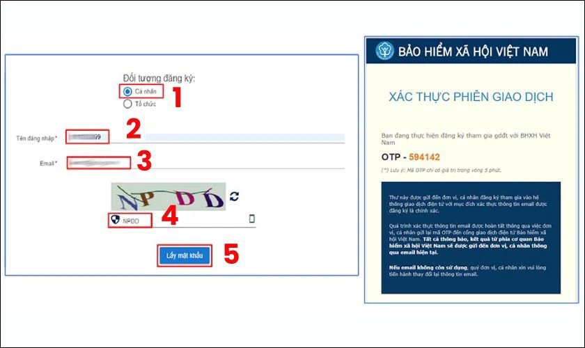 Điền đầy đủ các thông tin theo hướng dẫn bao gồm mã số BHXH, Email đã đăng ký