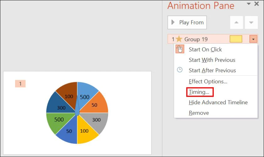 Nhấn chọn mũi tên bên cạnh trong bảng Animation Pane và nhấn chọn Timing