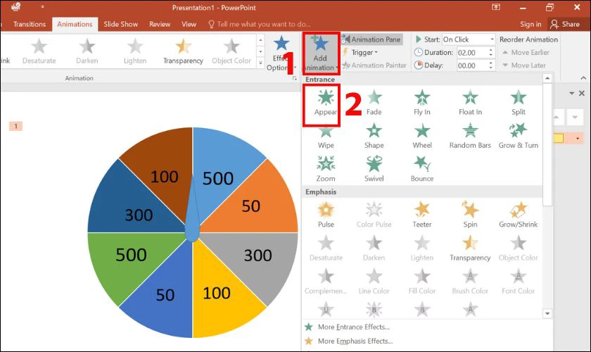 Vào thẻ Animations, chọn Add Animation và chọn tiếp vào Appear hoặc bất kì hiệu ứng nào