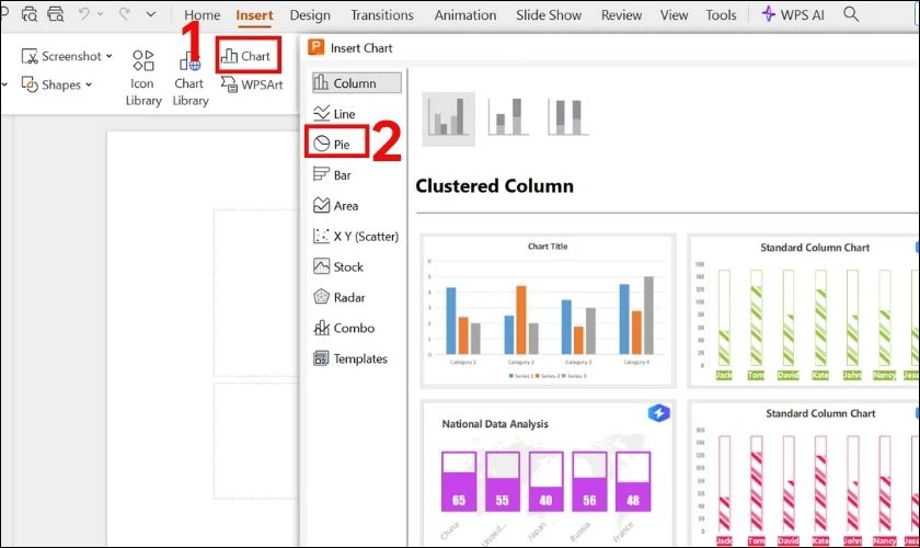 Chọn vào Insert, khi hộp thoại hiển thị bạn nhấn chọn Chart và chọn tiếp vào Pie