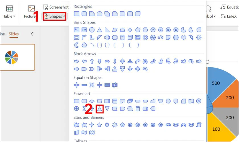 Chọn vào Insert, chọn Shapes và nhấn chọn Isosceles Triangle