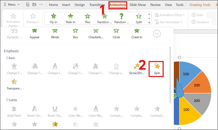 Bấm chọn vào vòng quay rồi nhấn chọn tab Animations, chọn tiếp vào Spin