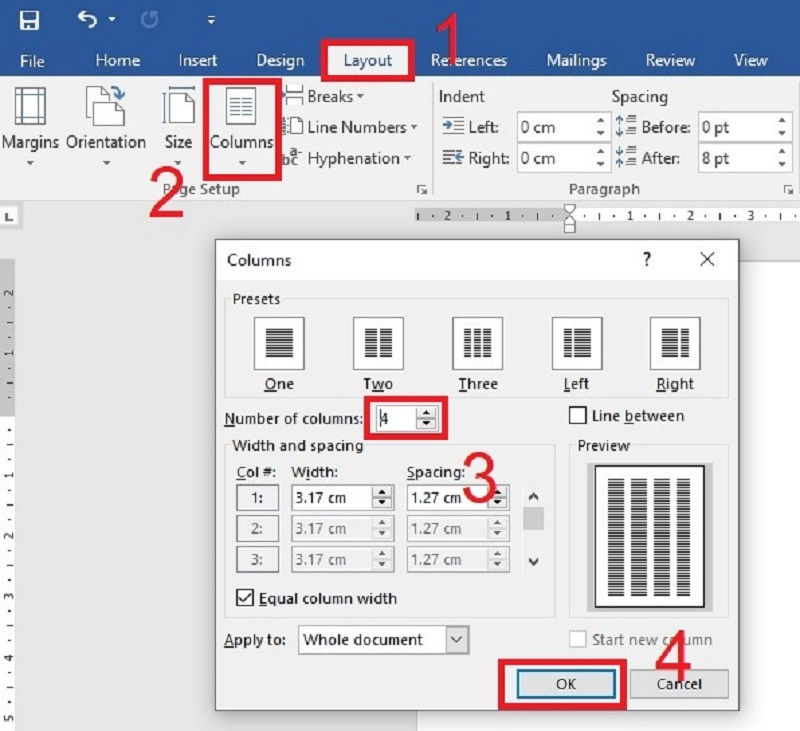 Thao tác chia cột cho Word