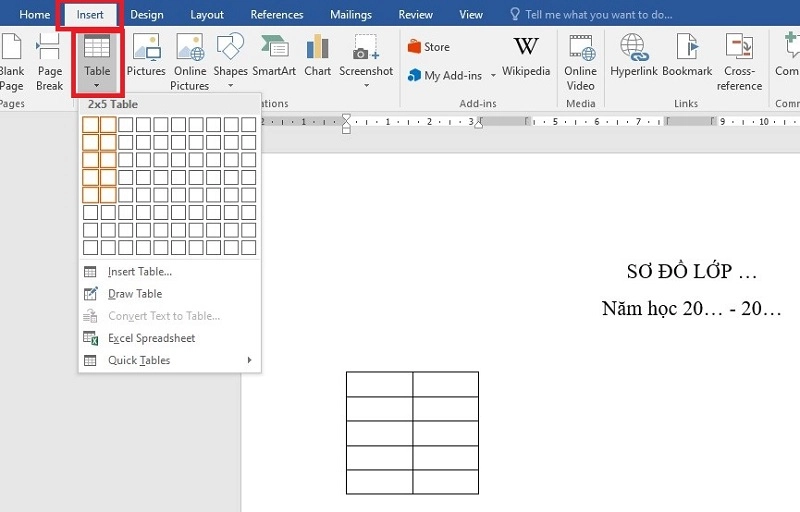 Tạo bảng đơn giản thông qua Insert Table