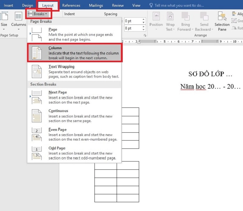 Dịch chuyển bảng vừa tạo qua cột khác