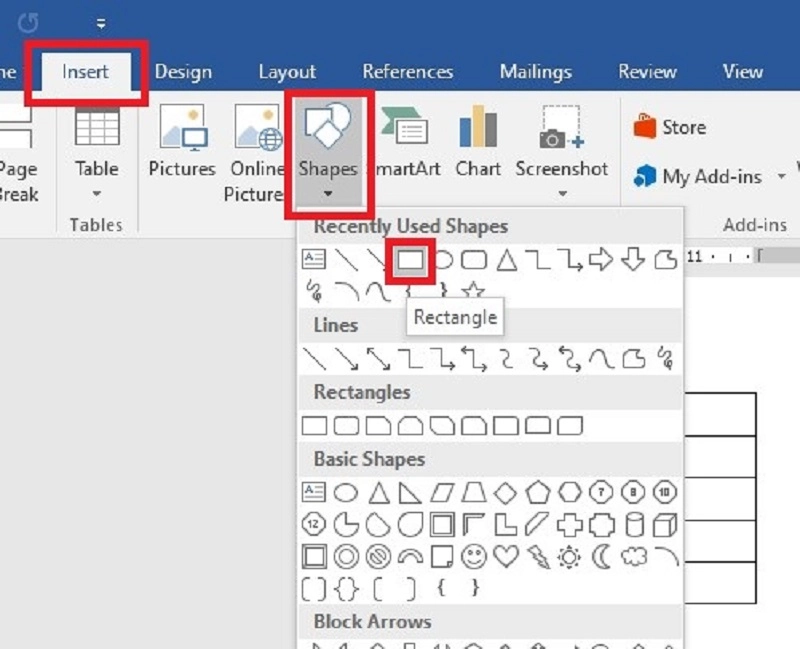 Chọn Insert => Shapes để chọn khung điền tên tổ