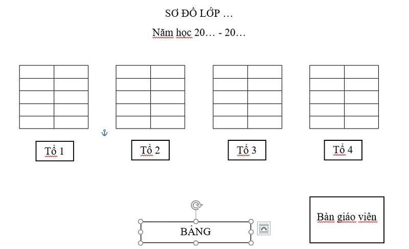 Thao tác tạo ô bàn giáo viên, bảng và mũi tên cửa ra vào