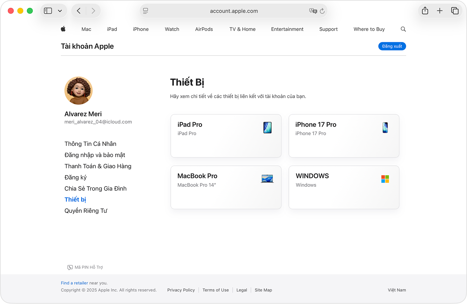 Trang web Tài khoản Apple hiển thị các thiết bị được liên kết với một tài khoản