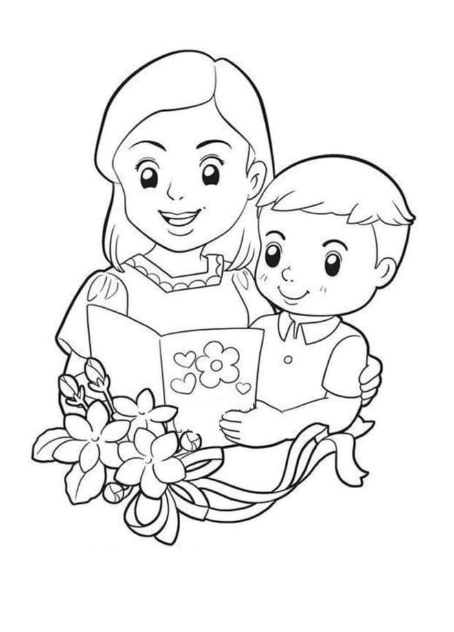 Mẫu tranh tô màu bé tặng hoa và quà cho mẹ 8/3