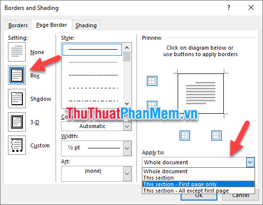 Đổi Apply to thành This section - First page only để chỉ tạo khung viền cho trang đầu tiên