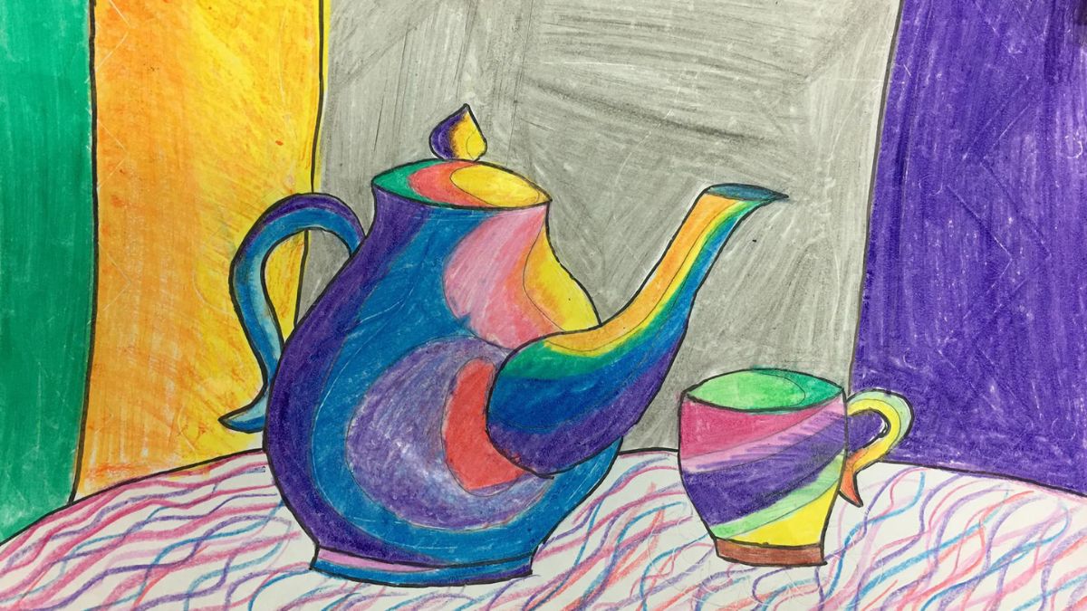 Tranh vẽ tĩnh vật bình trà và cốc ấn tượng