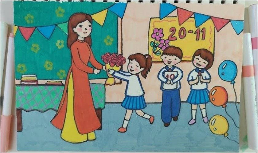 Các em tặng quà cho cô trong lớp học