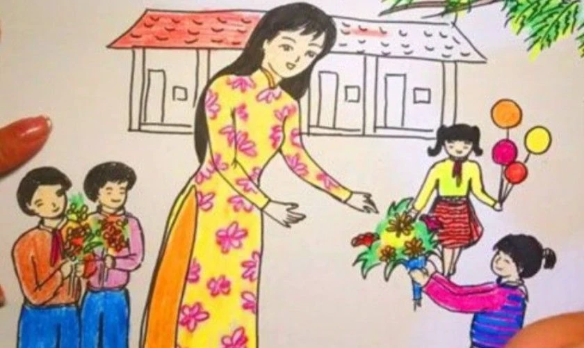 Vẽ tranh thầy cô và mái trường 20/11