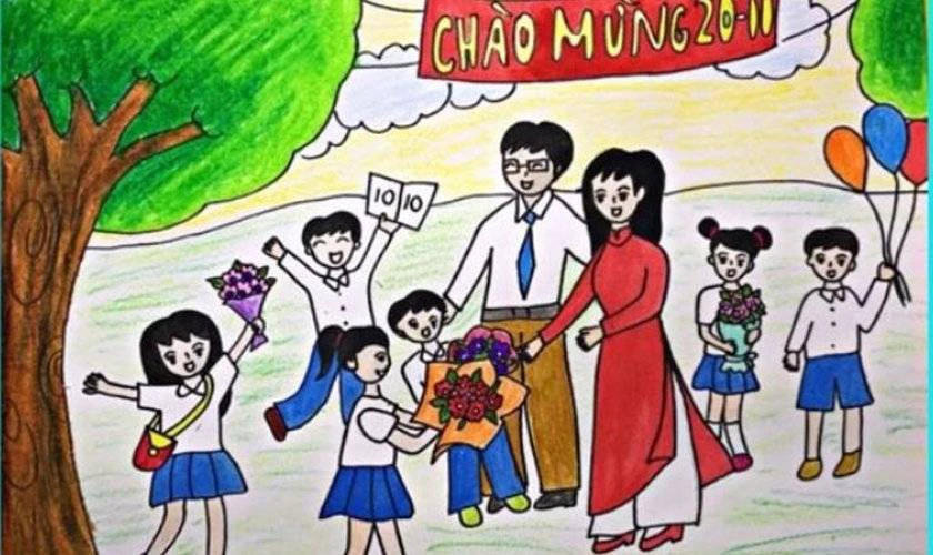 Vẽ tranh thầy cô và mái trường 20/11 đơn giản