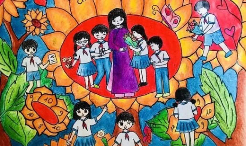 Vẽ tranh thầy cô và mái trường 20/11 ấn tượng