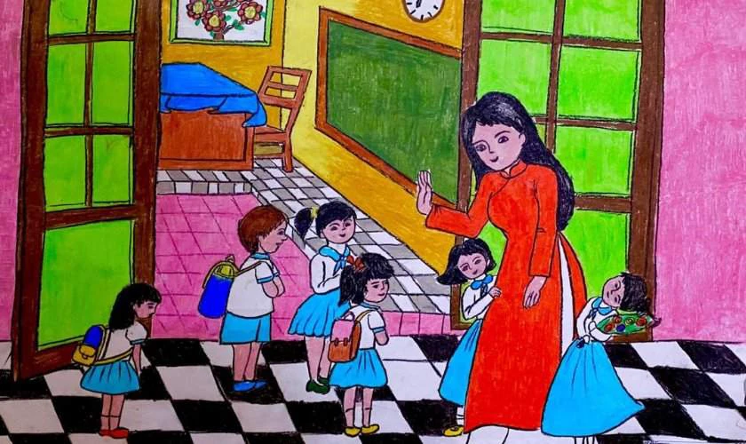 Vẽ tranh thầy cô và mái trường 20/11 màu sắc nổi bật