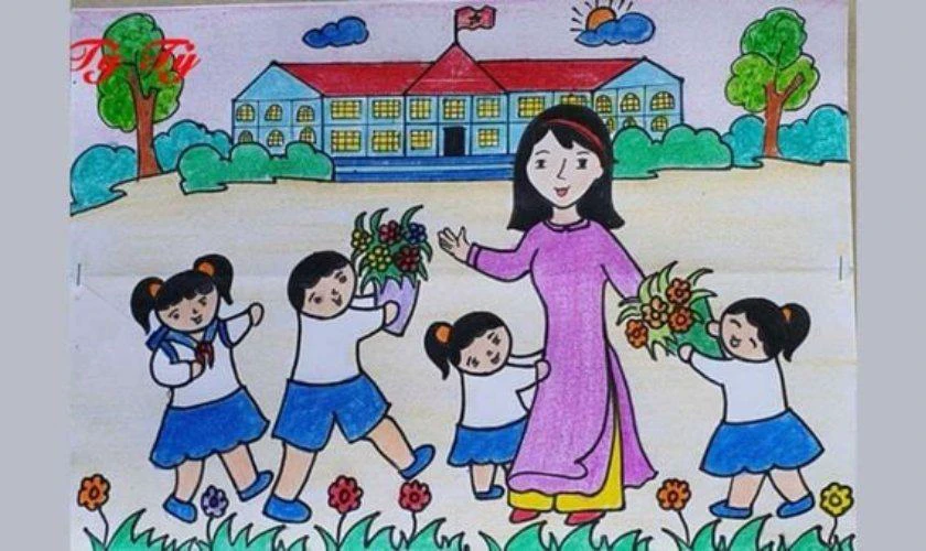 Tranh vẽ 20/11 chủ đề mái trường dễ thương