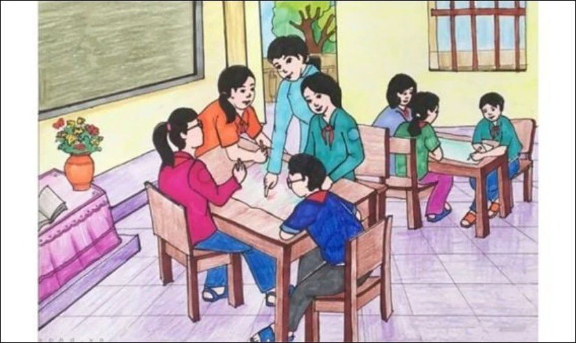 Các em học sinh đang được cô giáo giảng bài