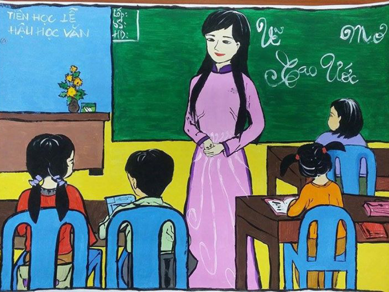 vẽ tranh thầy cô và mái trường học tập