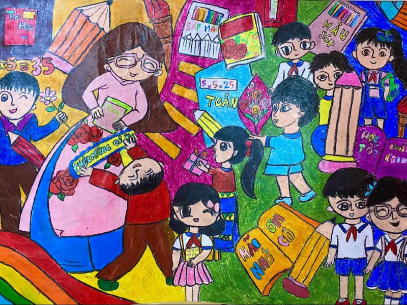 ảnh vẽ tranh thầy cô và mái trường mùa tựu trường