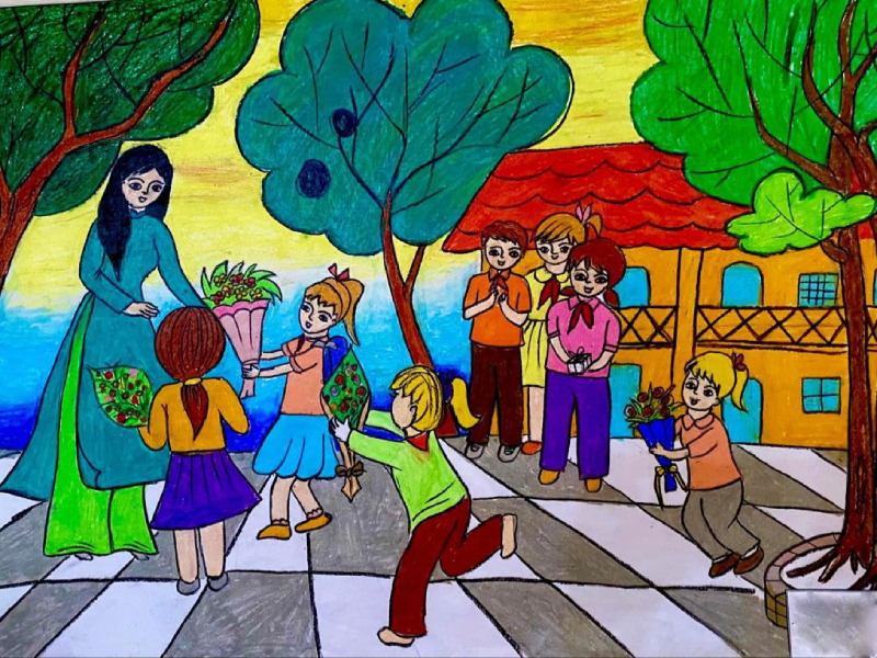 hình vẽ tranh thầy cô và mái trường sáng tạo