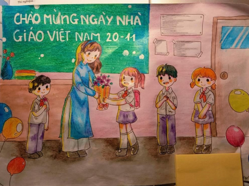 tranh vẽ tranh thầy cô và mái trường vui nhộn