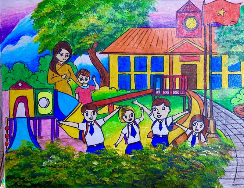 vẽ tranh thầy cô và mái trường cổ điển