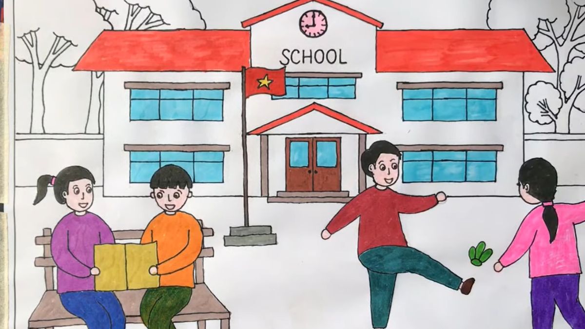 Tô màu và hoàn thiện bức vẽ tranh trường học