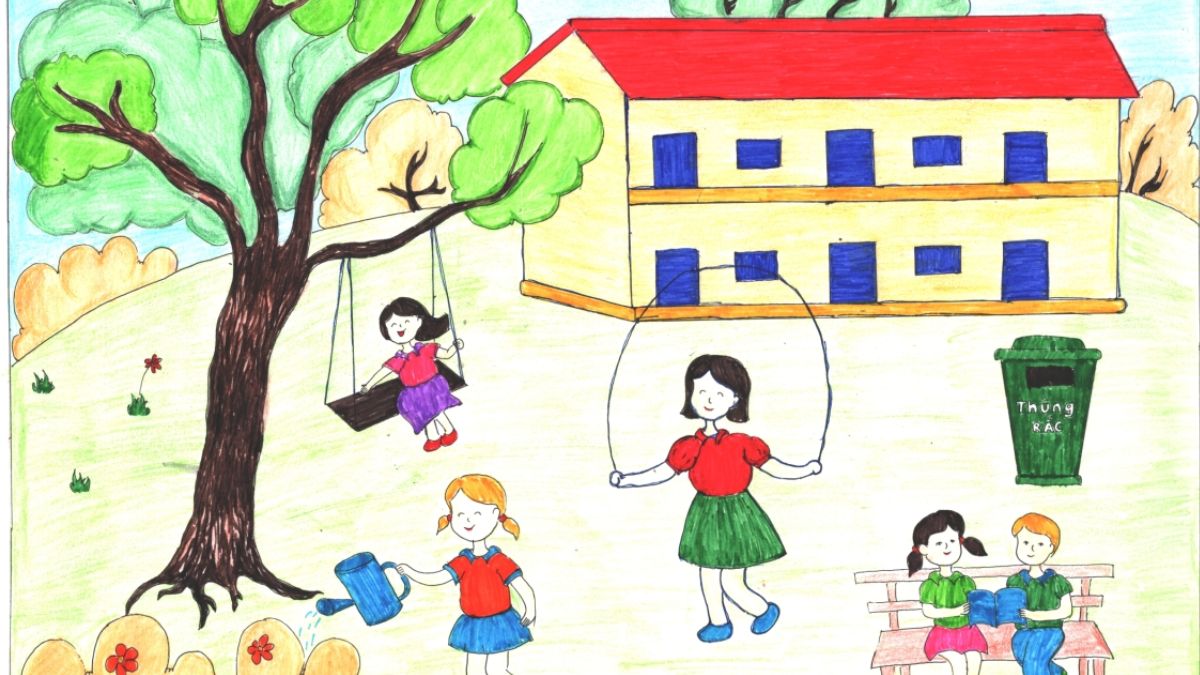 Vẽ tranh trường học đang trong giờ ra chơi