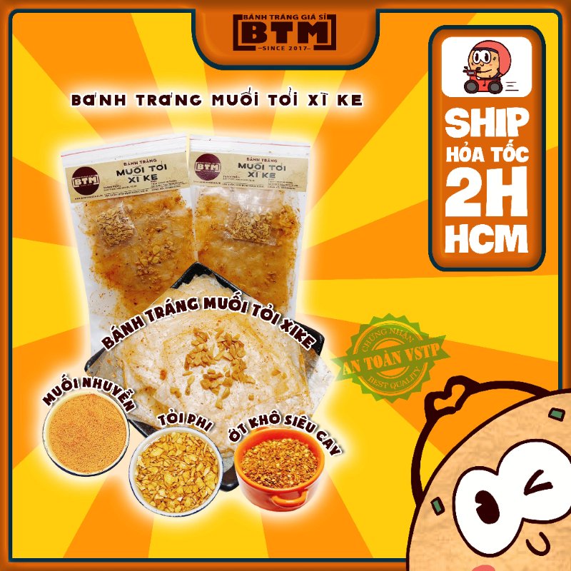 Bánh tráng xì ke muối tỏi của BTM có hương vị thơm ngon, đóng gói sạch đẹp