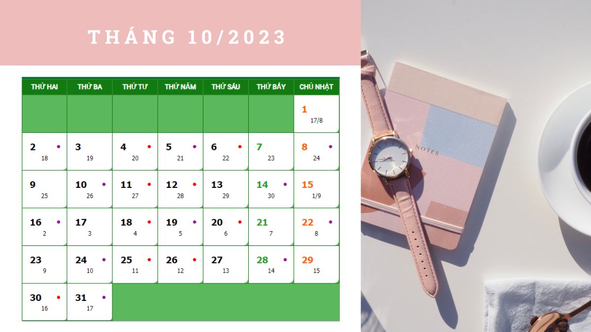 Lịch âm dương tháng 10 năm 2023