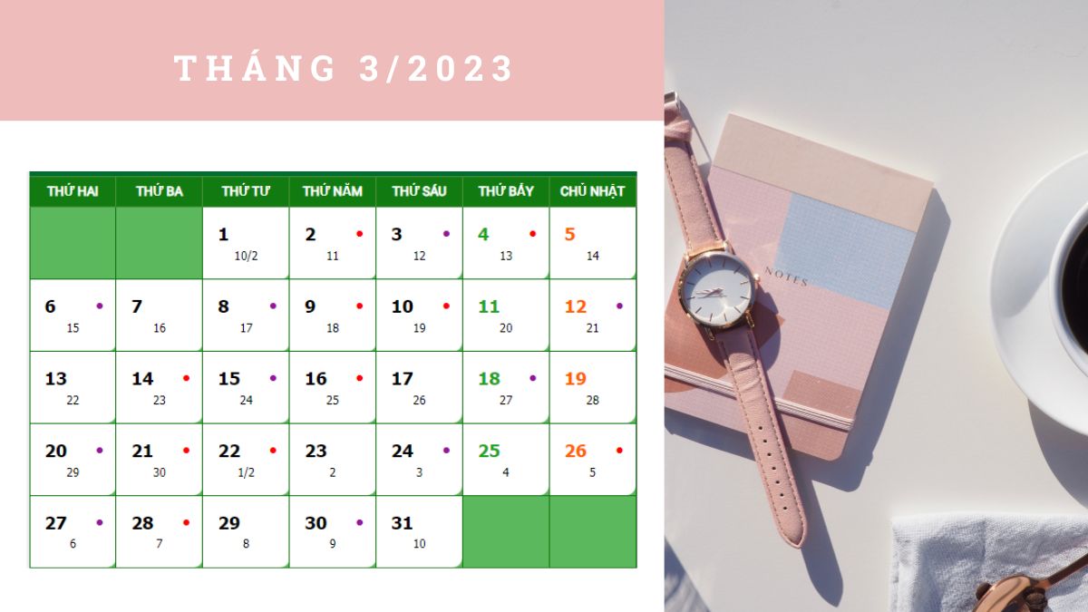 Lịch âm dương tháng 3 năm 2023