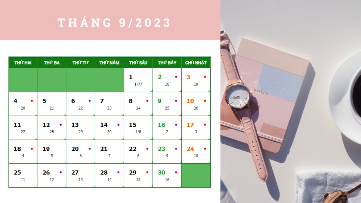 Lịch âm dương tháng 9 năm 2023