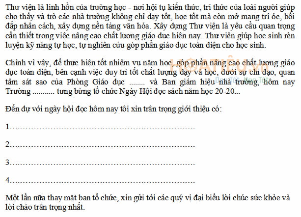 Bài phát biểu khai mạc ngày hội đọc sách