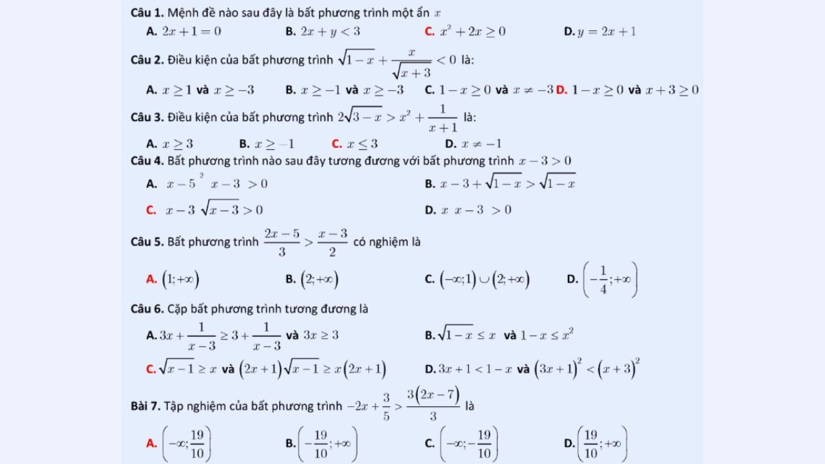 Dạng bài tập trắc nghiệm về bất phương trình (Hình minh họa)