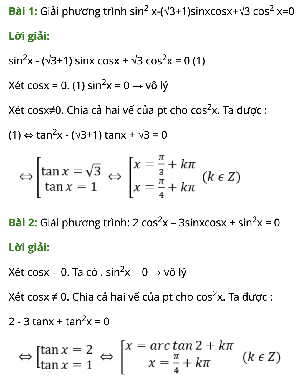 Bài tập phương trình đẳng cấp bậc 2, bậc 3 lượng giác có đáp án