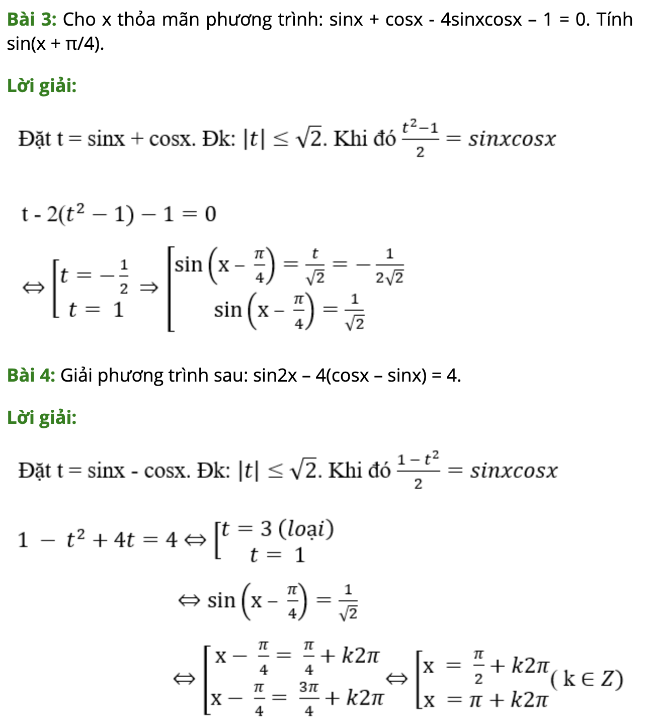Bài tập dạng phương trình lượng giác đối xứng, phản đối xứng có đáp án