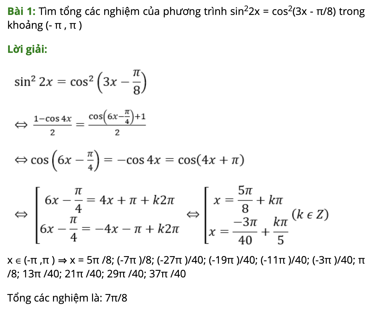 Bài tập Tìm nghiệm của phương trình lượng giác thỏa mãn điều kiện có đáp án