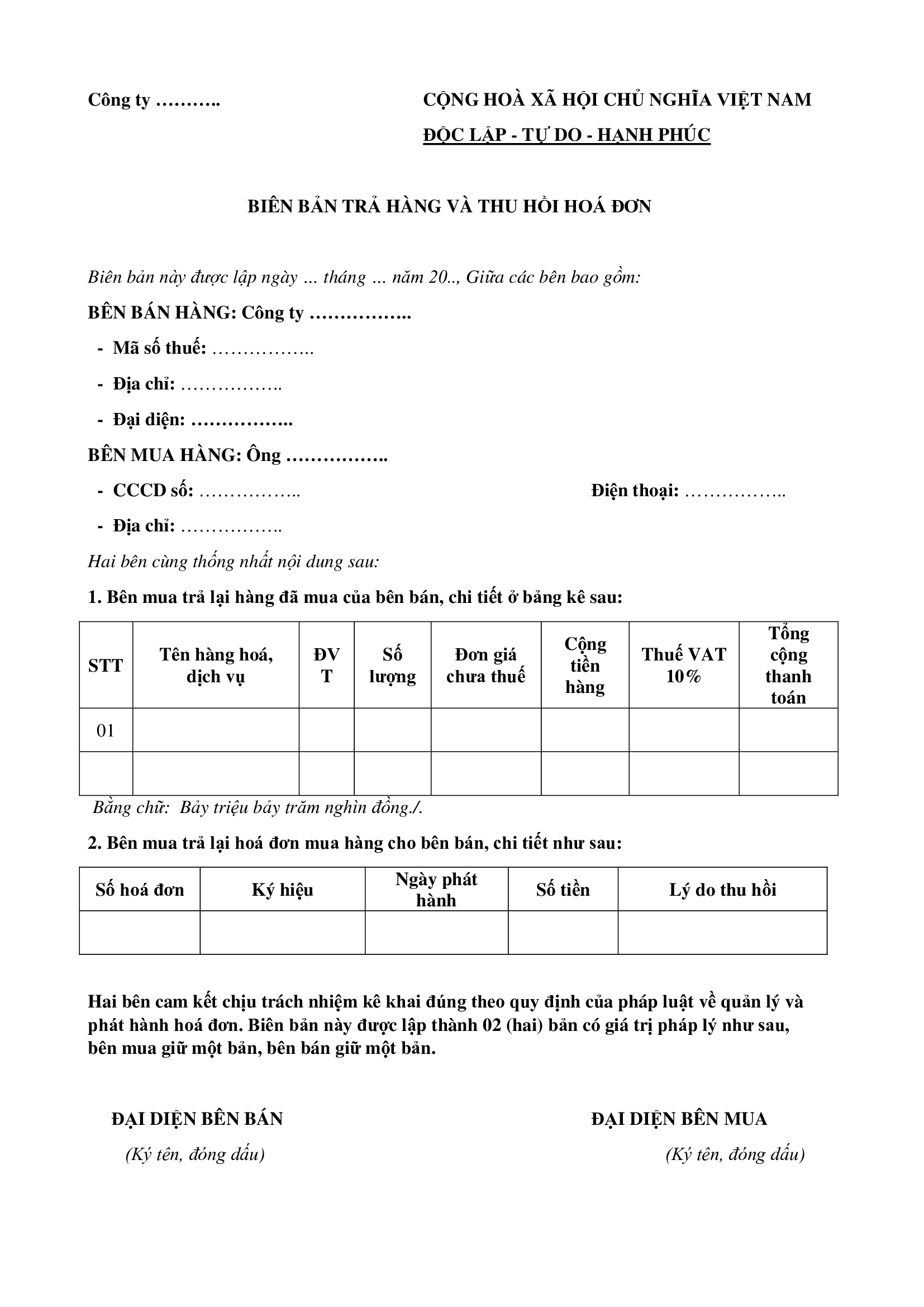 Mẫu biên bản trả hàng khi bên mua xuất hóa đơn trả lại