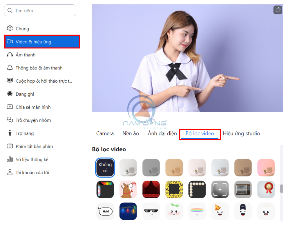 Chọn bộ lọc Video (Filter)