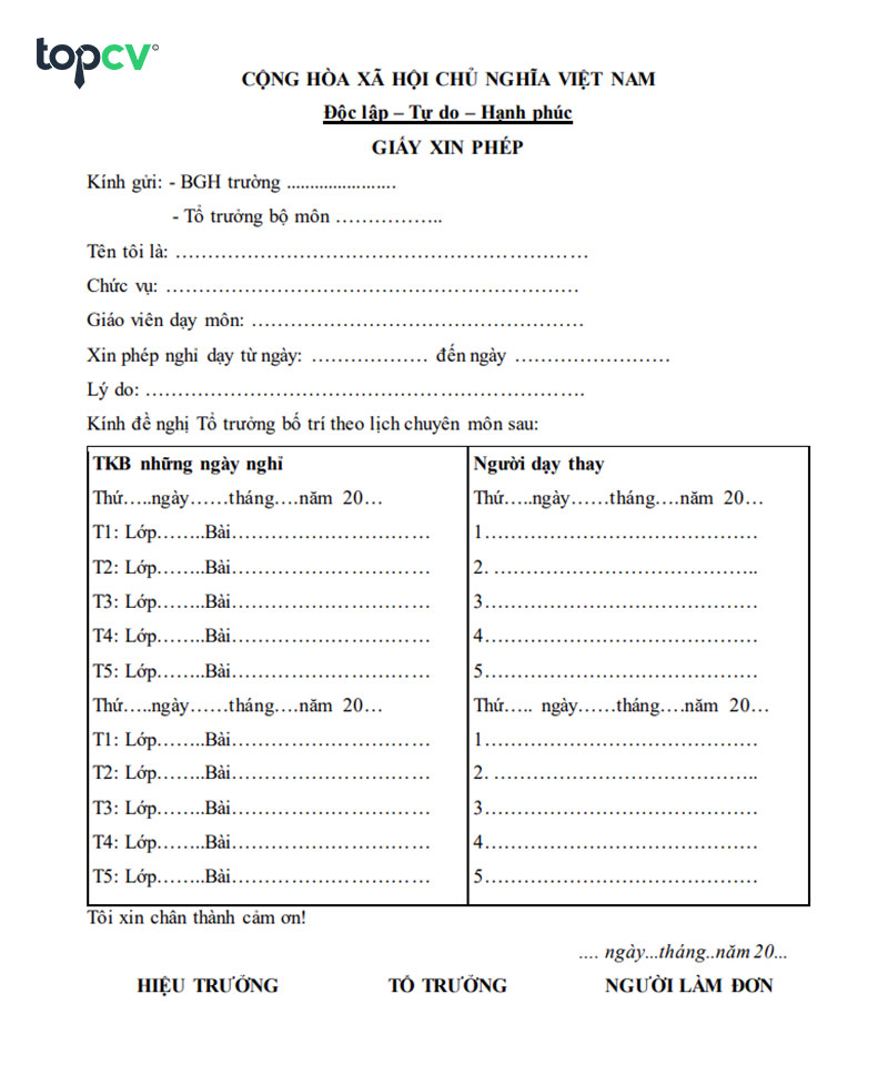 Mẫu đơn xin nghỉ phép của giáo viên file word