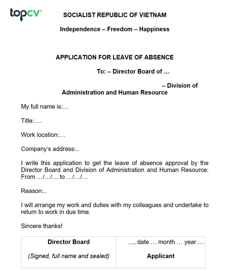 Tải mẫu đơn xin nghỉ phép bằng tiếng Anh