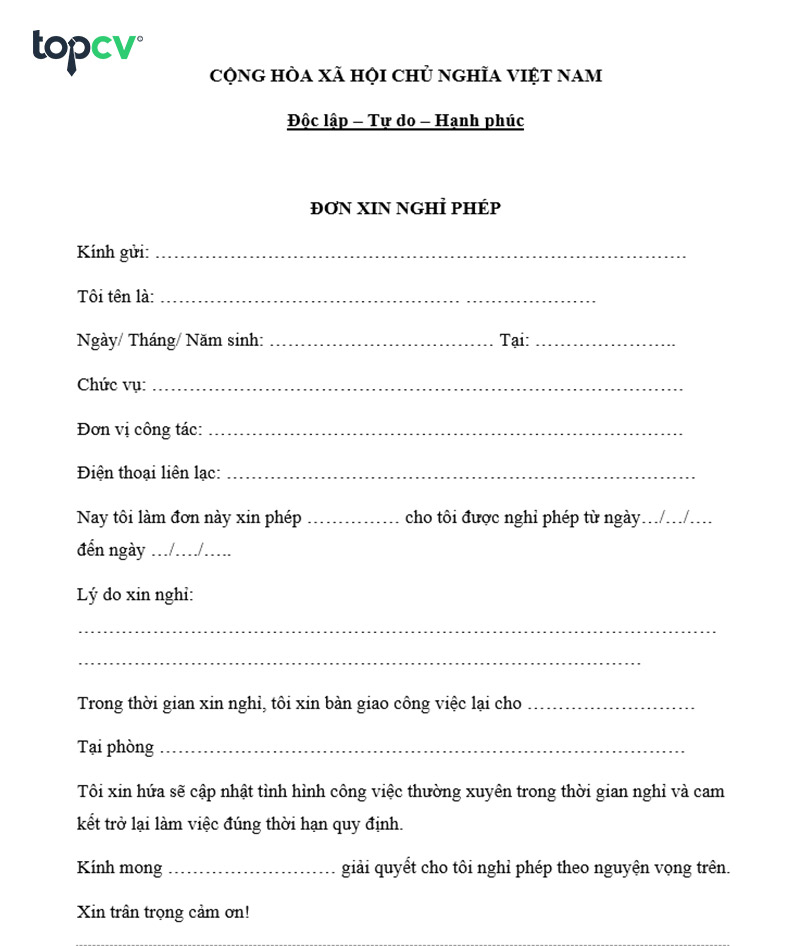 mẫu đơn xin nghỉ phép cơ quan nhà nước