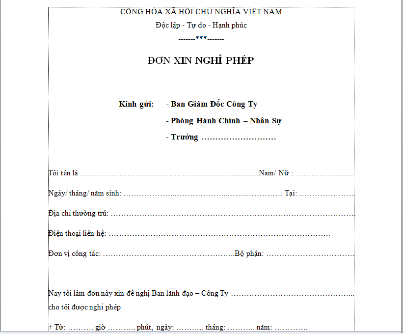 đơn xin nghỉ phép công ty