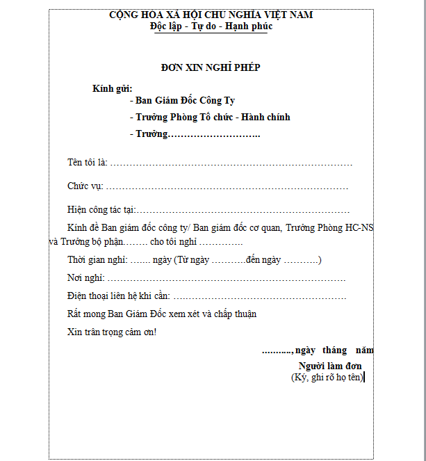 lý do xin nghỉ phép-đơn xin nghỉ không lương