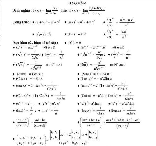 công thức đạo hàm toán lớp 12