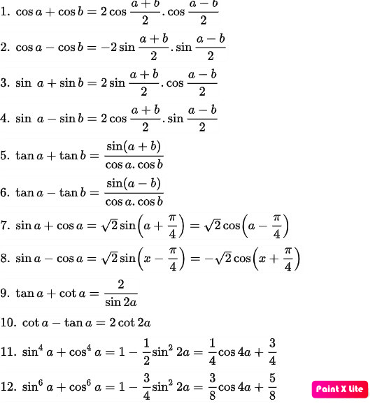 Công thức biến tổng thành tích lượng giác 10