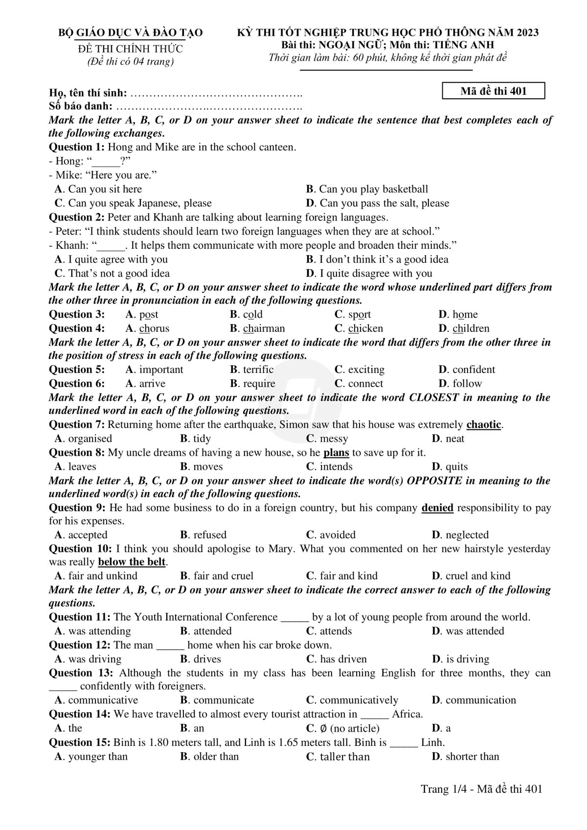 Đề thi tiếng Anh THPT Quốc gia 2023 Câu 1-15