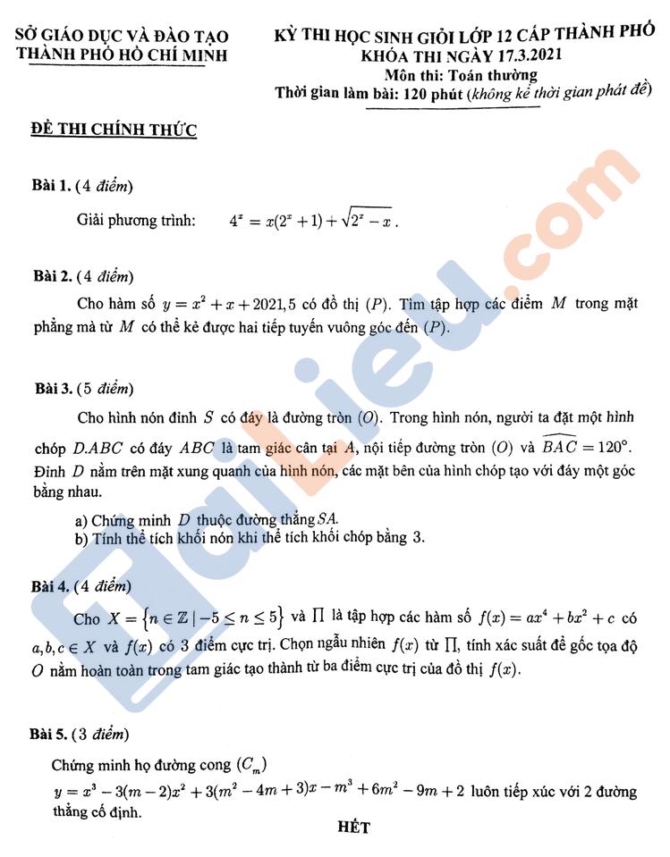Đề thi HSG Toán 12 năm 2021 cấp thành phố sở giáo dục TP HCM có đáp án