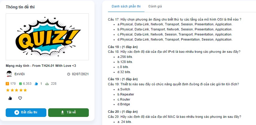 Đề thi trắc nghiệm Mạng máy tính nhiều lượt thi nhất EduQuiz
